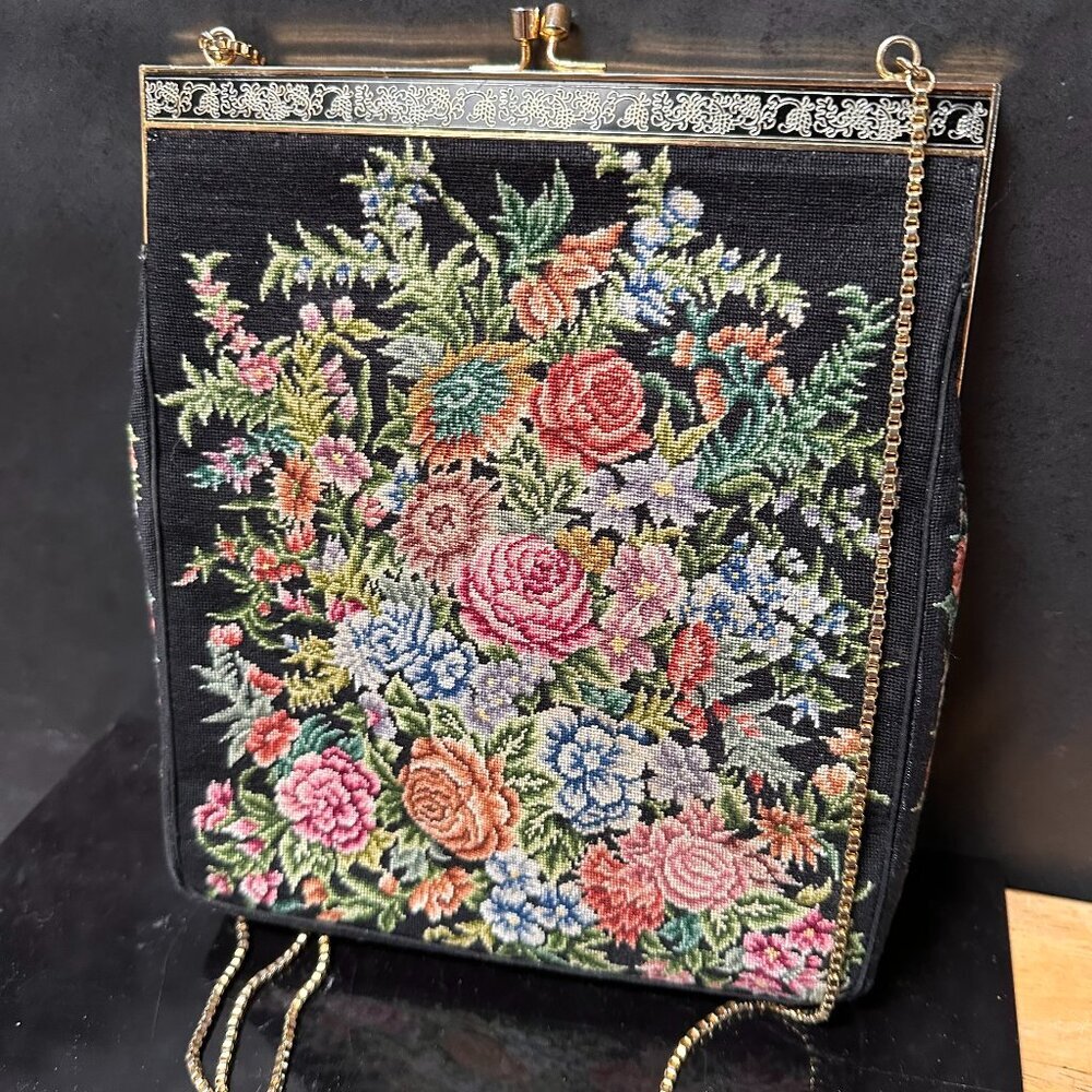 Floral Tapestry Purse with Snake Chain Petit Point Handbag Vintage EUC